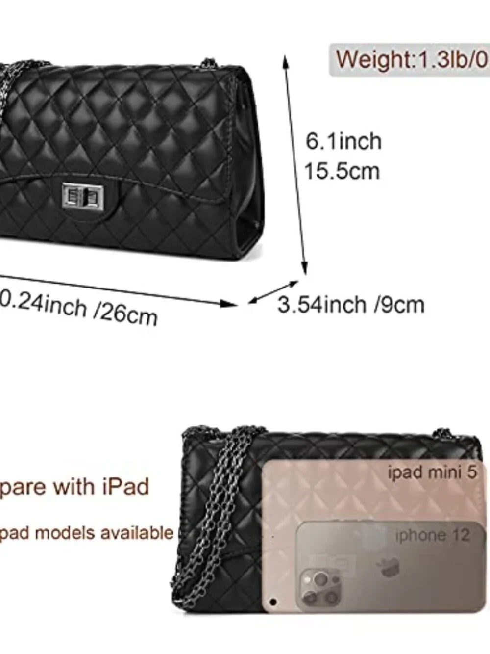 Quilted Crossbody Purse with Chain Strap, Faux Leather, Adjustable Shoulder Bag